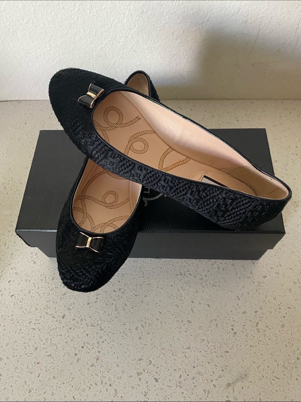 Black Woven Ballet Flats with Bow Accent